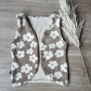 Gilet bloemen beige (teddy) sand (fijne rib)